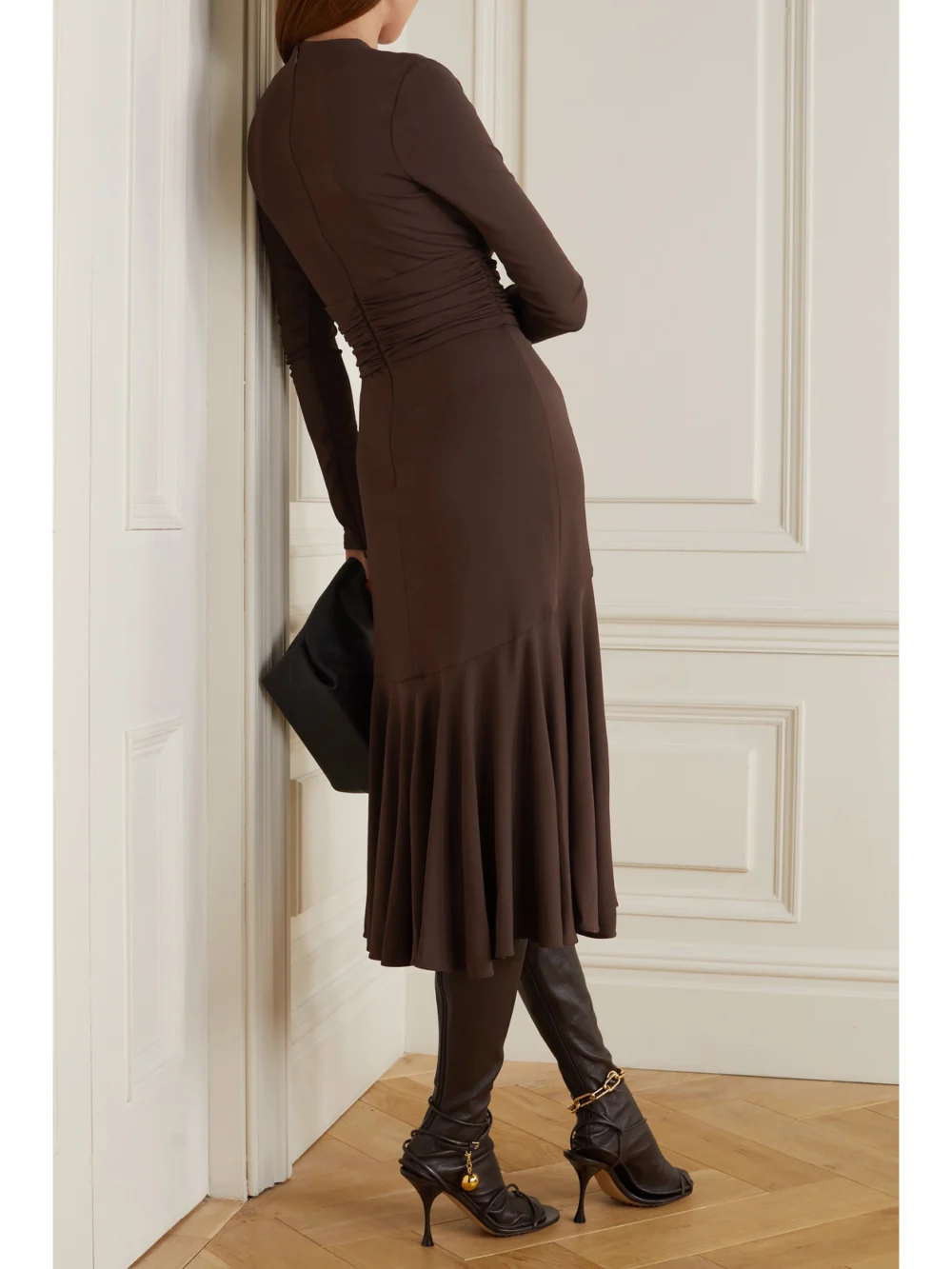 Back view of the Michael Kors Collection Ruched Stretch-jersey Midi Dress