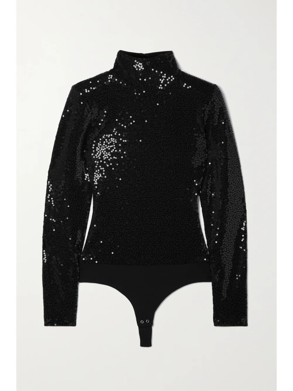 Michael Kors Collection Sequined Crepe Turtleneck Thong Bodysuit in black