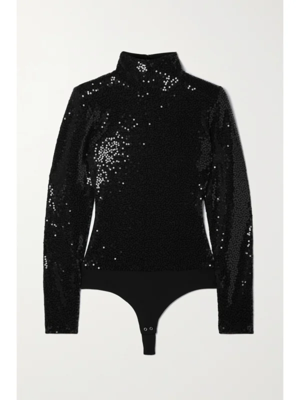Michael Kors Collection Sequined Crepe Turtleneck Thong Bodysuit