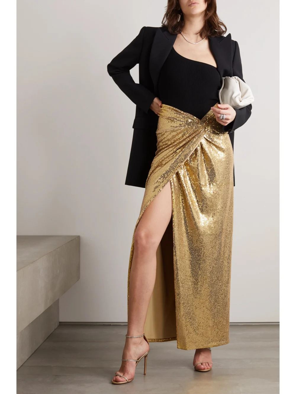 Michael Kors Collection Wrap-effect Sequined Jersey Maxi Skirt, worn by a model