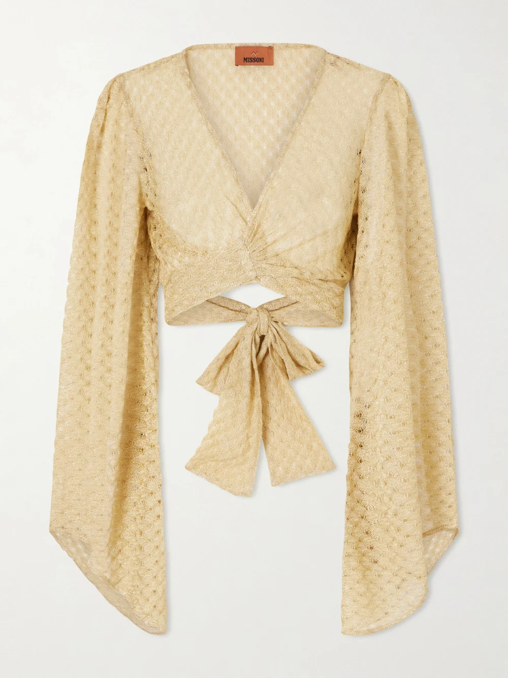 Missoni Cropped Metallic Crochet-knitted Wrap Top in gold