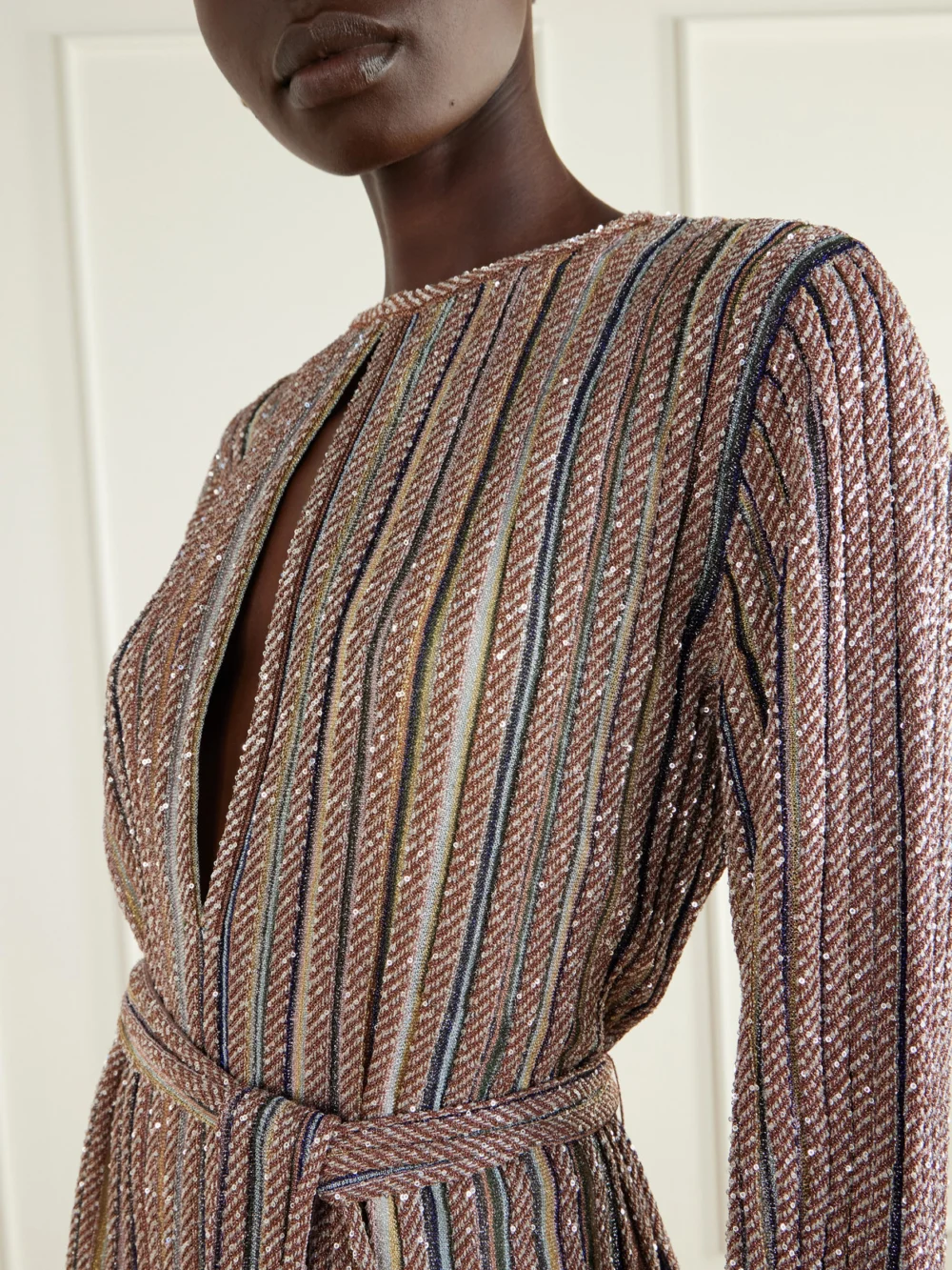 Close-up detail of the Missoni Cut-out Sequin-embellished Belted Metallic Crochet-knit Mini Dress