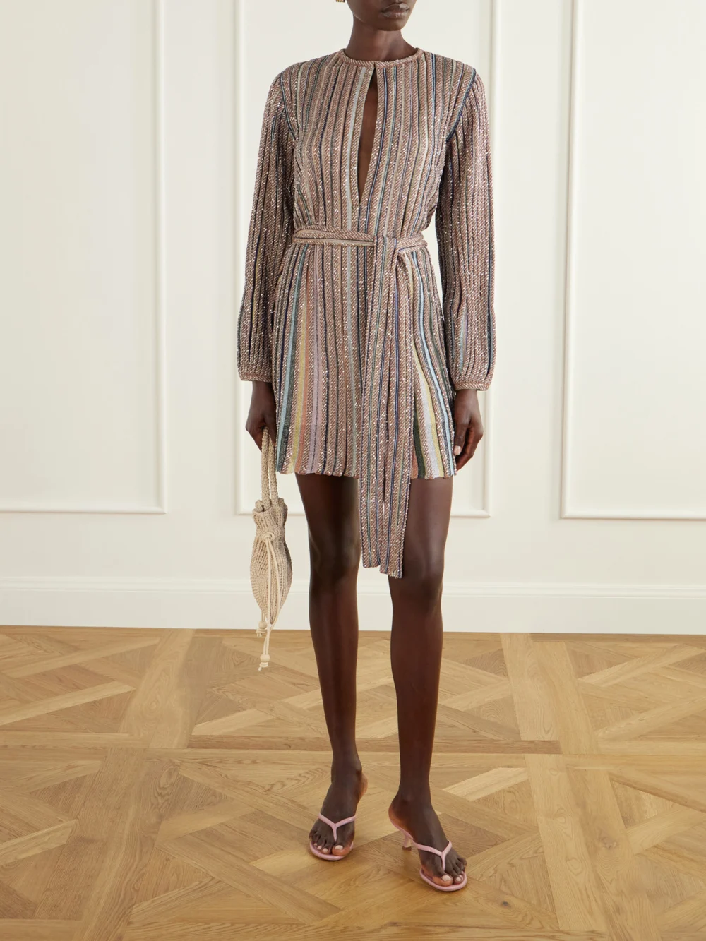 Missoni Cut-out Sequin-embellished Belted Metallic Crochet-knit Mini Dress, worn by a model