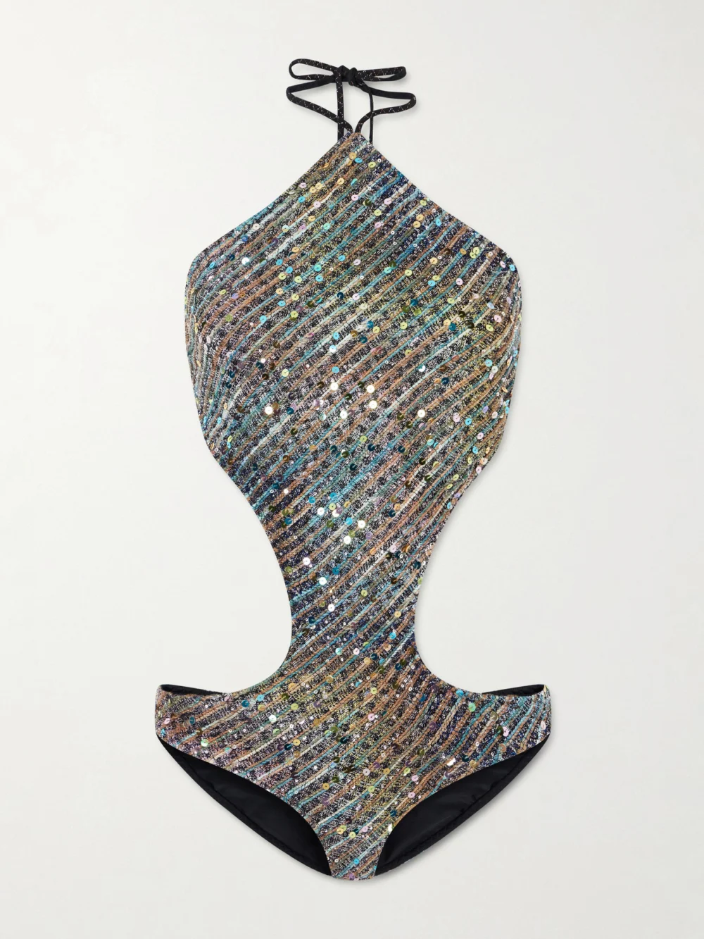 Missoni Cut-out Sequin-embellished Striped Metallic Cotton-blend Halterneck Swimsuit in blue