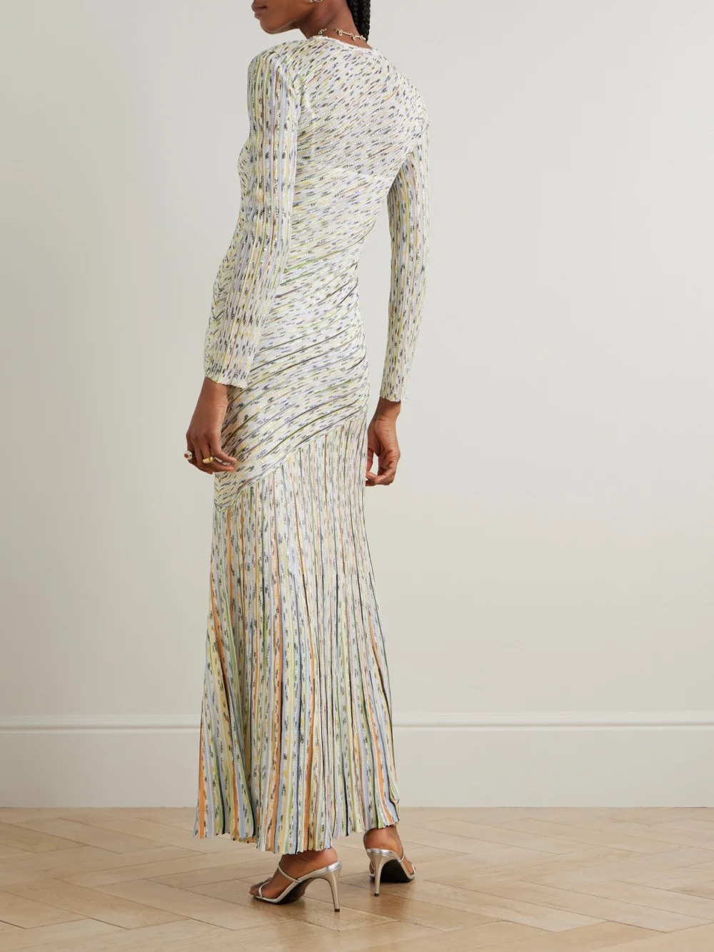 Back view of the Missoni Draped Striped Sequined Ribbed-knit Maxi Dress