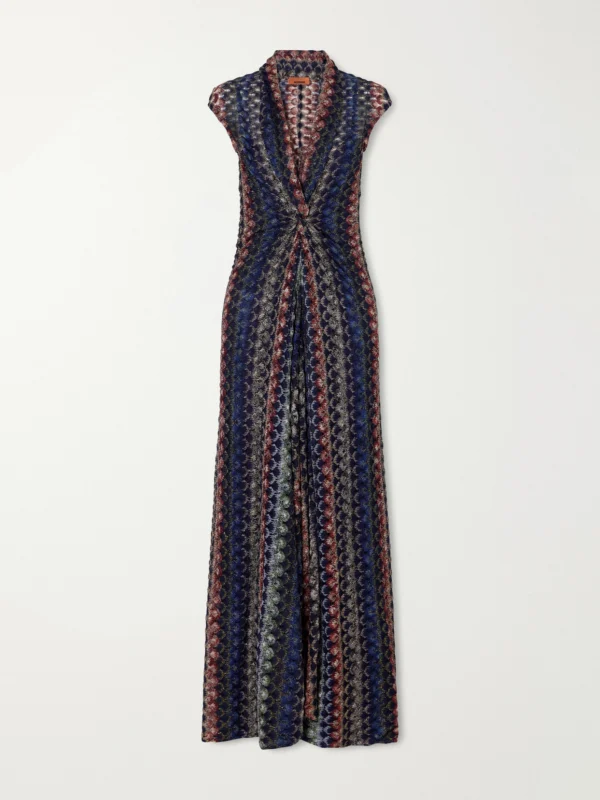 Missoni Gathered Striped Metallic Crochet-knit Maxi Dress