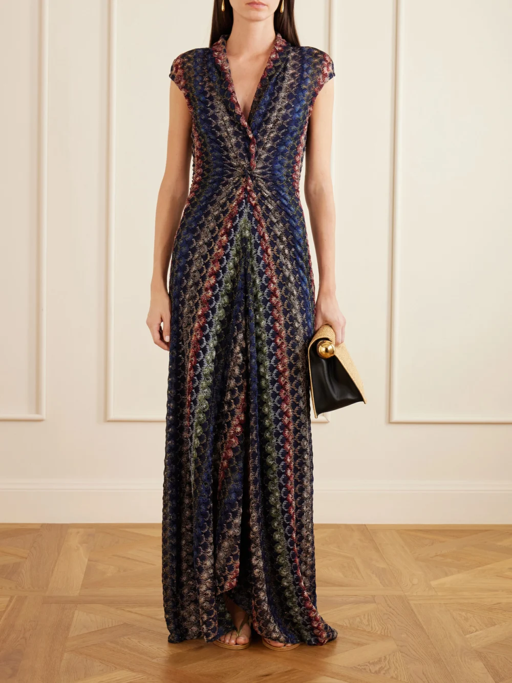 Missoni Gathered Striped Metallic Crochet-knit Maxi Dress, worn by a model