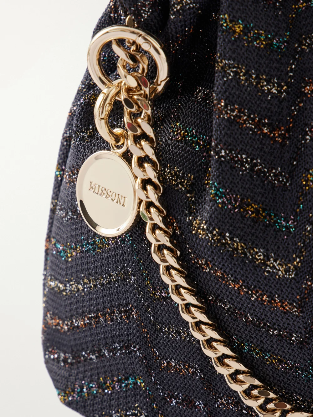 Close-up detail of the Missoni Greek Key Striped Metallic Crochet-knit Shoulder Bag