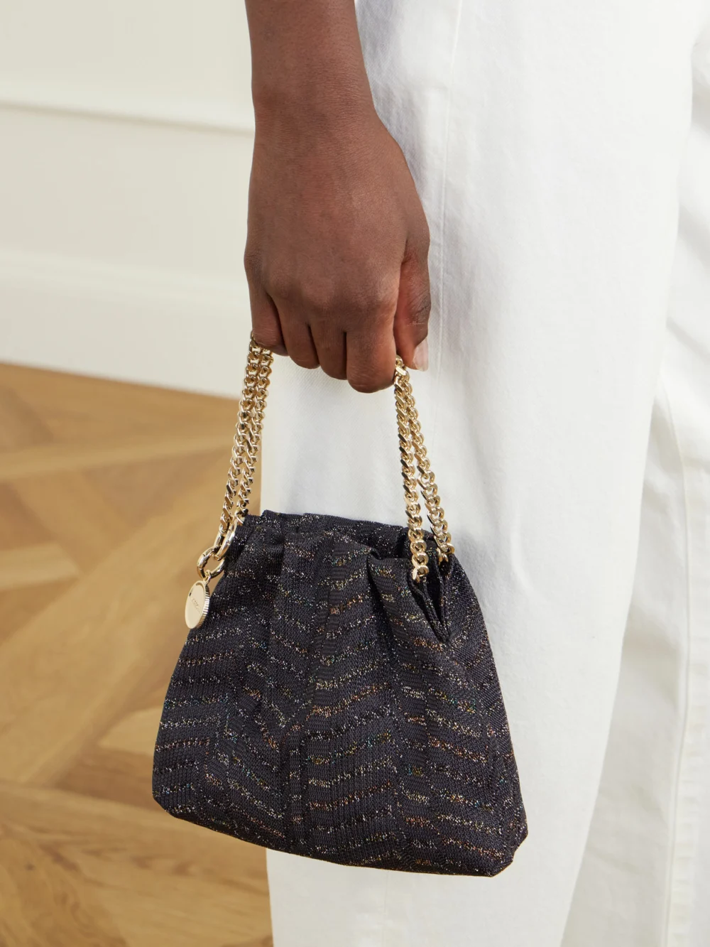 Missoni Greek Key Striped Metallic Crochet-knit Shoulder Bag, styled view