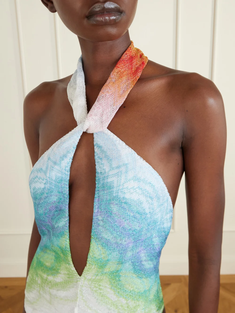 Close-up detail of the Missoni Halterneck Metallic Crochet-knit Swimsuit