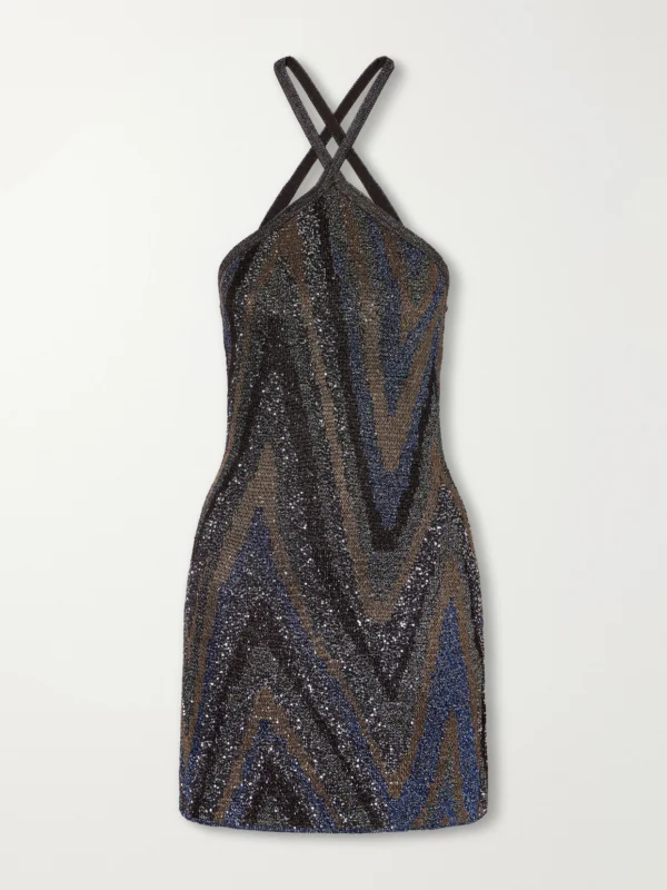 Missoni Halterneck Sequin-embellished Striped Metallic Crochet-knit Mini Dress