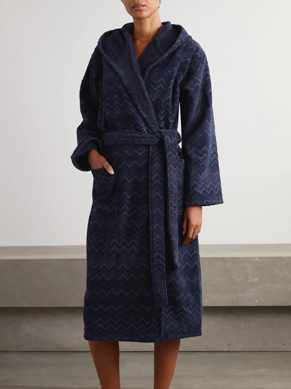 Missoni Home Chalk Belted Striped Cotton-terry Robe, worn by a model