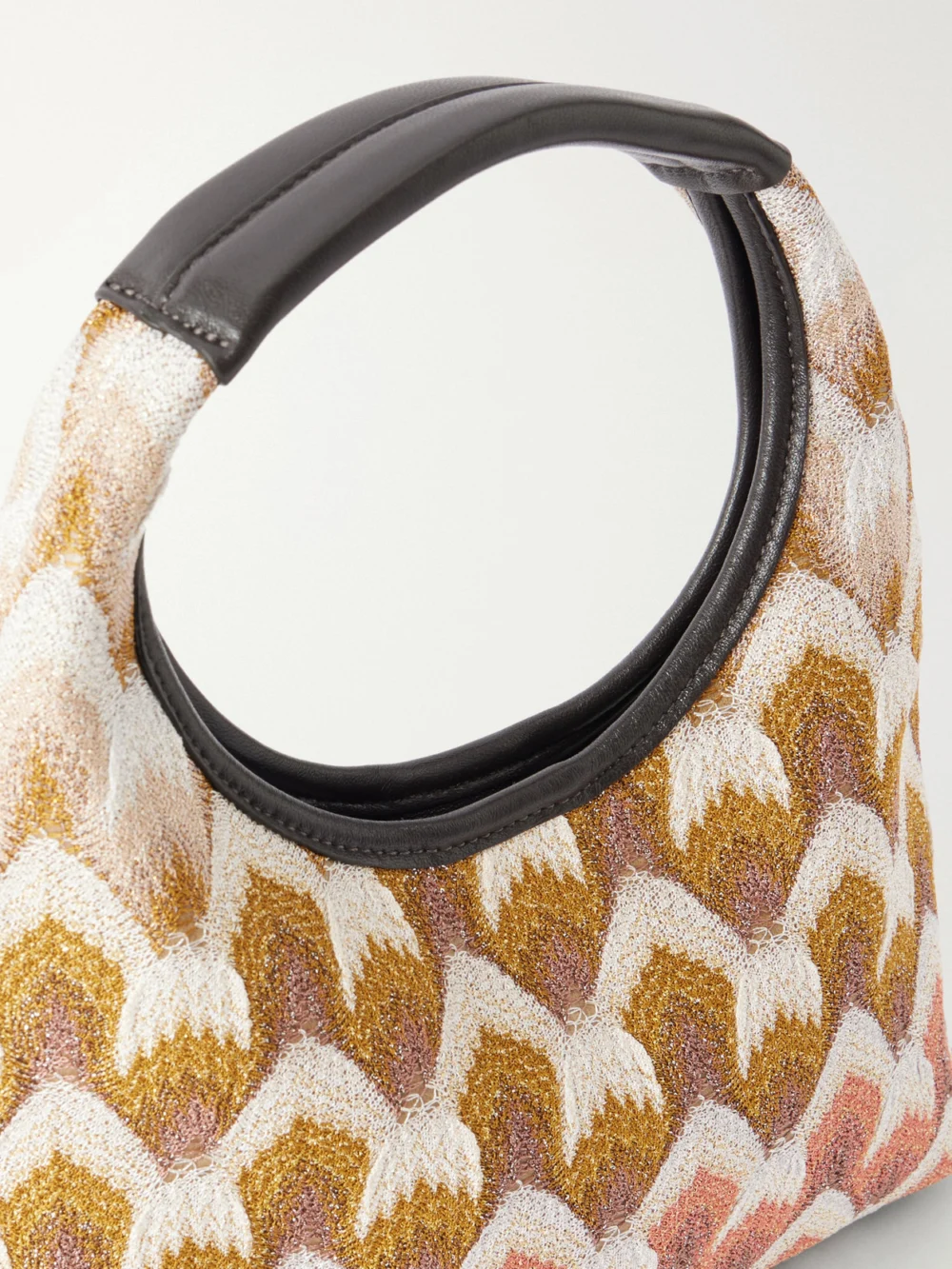 Close-up detail of the Missoni Leather-trimmed Metallic Crochet-knit Mini Tote