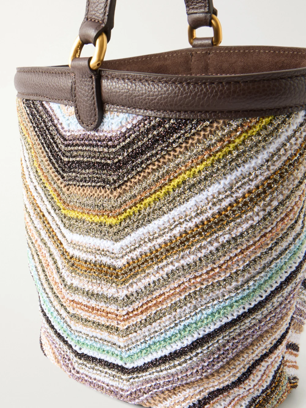 Close-up detail of the Missoni Leather-trimmed Metallic Crochet-knit Tote