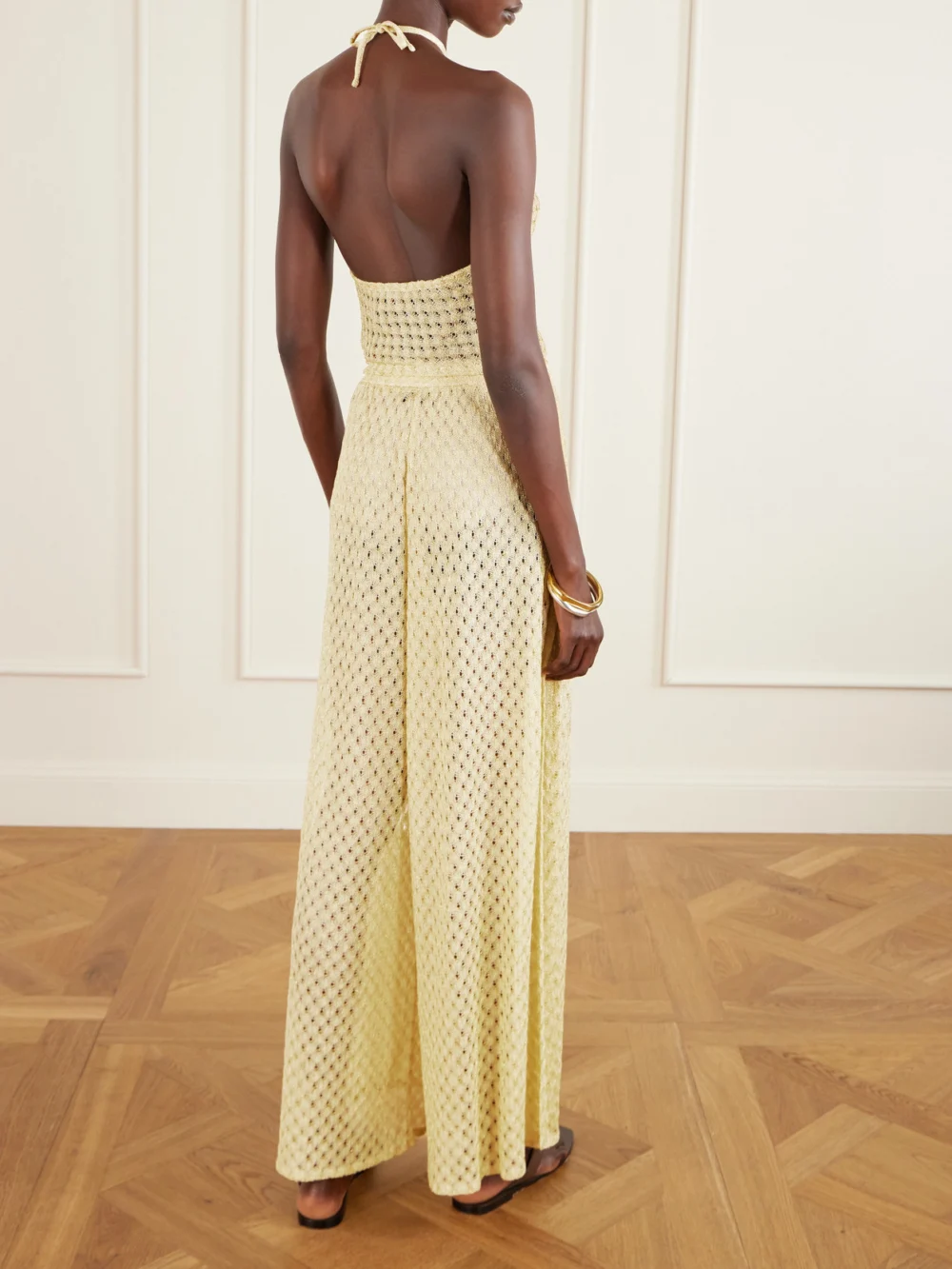 Back view of the Missoni Mare Cropped Metallic Crochet-knit Halterneck Top