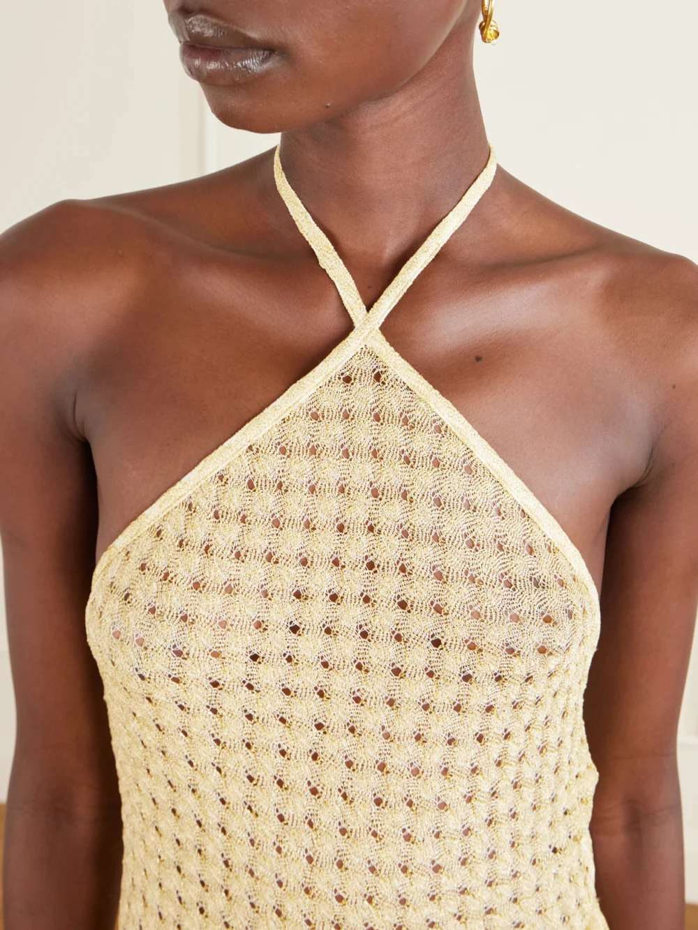 Close-up detail of the Missoni Mare Cropped Metallic Crochet-knit Halterneck Top