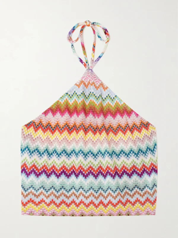 Missoni Mare Cropped Striped Metallic Crochet-knit Halterneck Top