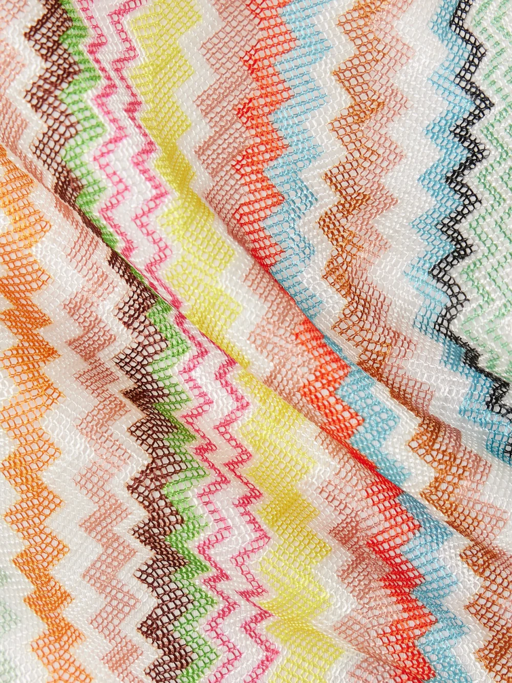 Close-up detail of the Missoni Mare One-shoulder Cutout Striped Metallic Crochet-knit Swimsuit