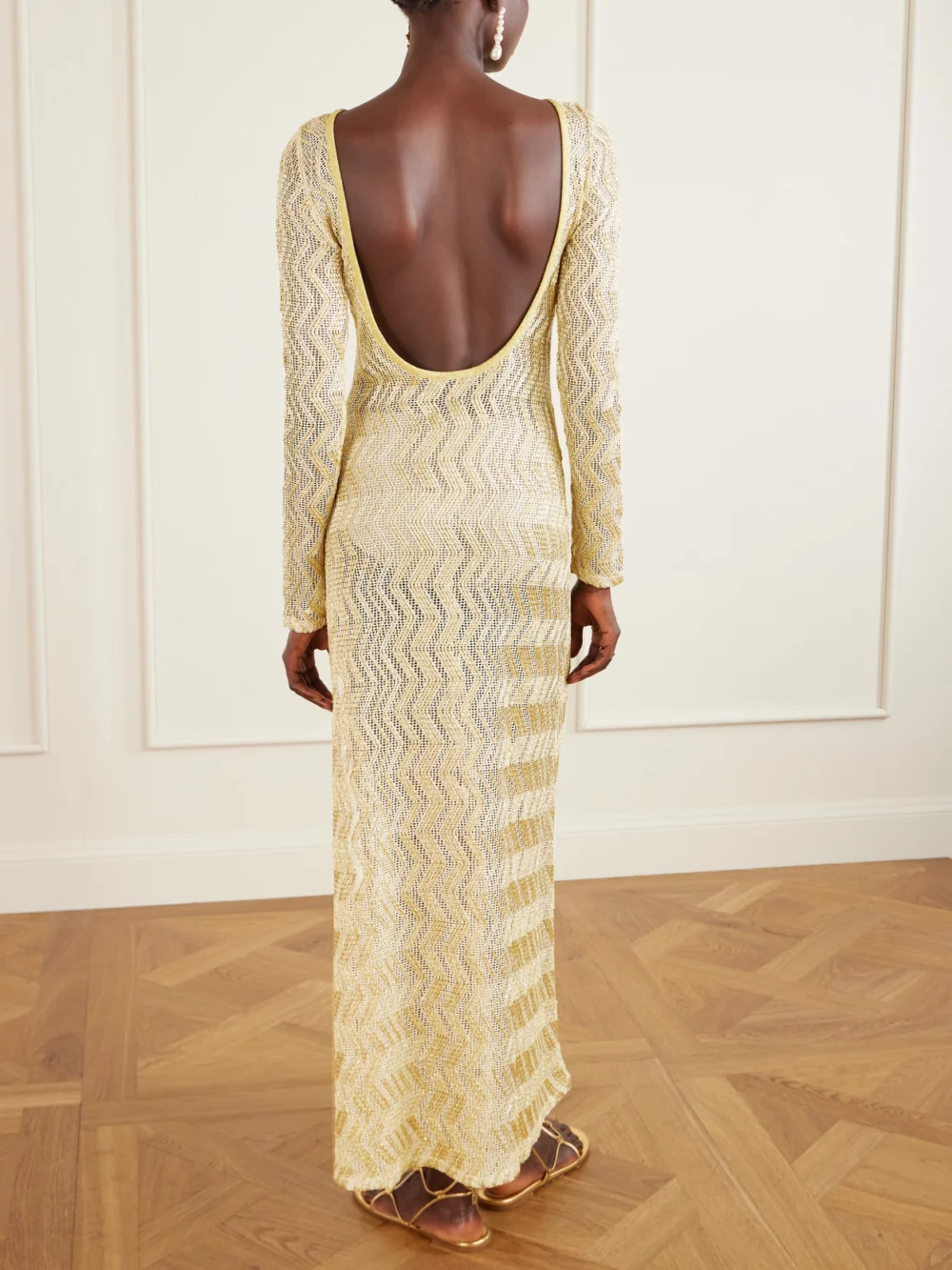 Back view of the Missoni Mare Open-back Metallic Crochet-knit Maxi Dress