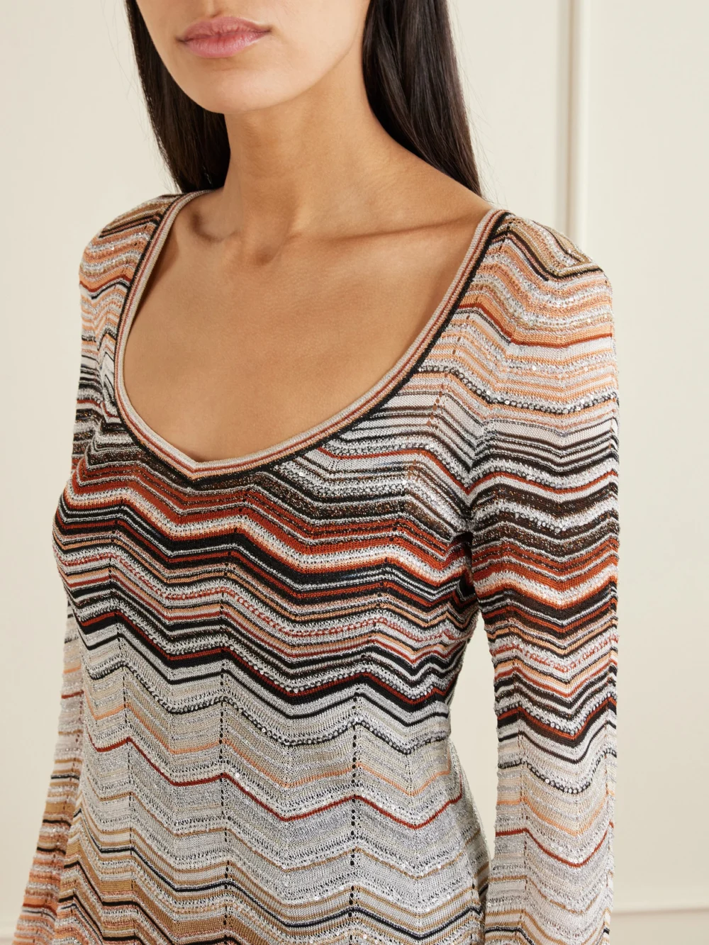 Close-up detail of the Missoni Mare Sequin-embellished Striped Metallic Crochet-knit Mini Dress