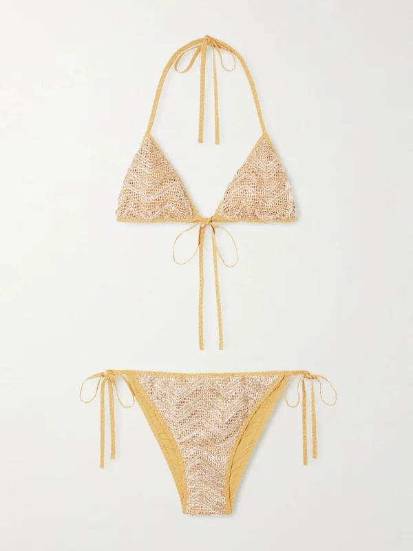 Missoni Mare Sequin-embellished Striped Metallic Crochet-knit Triangle Bikini