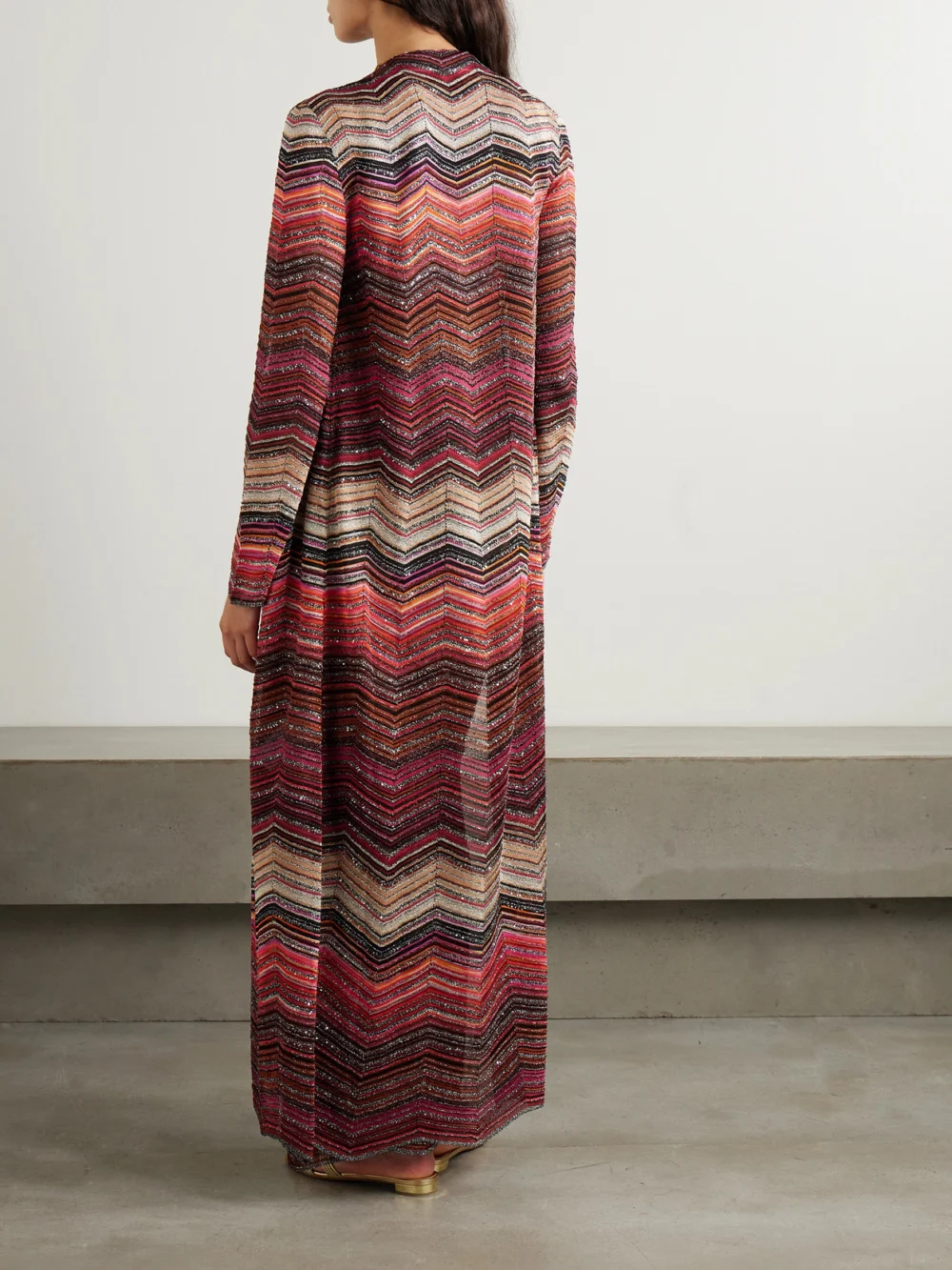 Back view of the Missoni Mare Sequined Striped Metallic Crochet-knit Cardigan