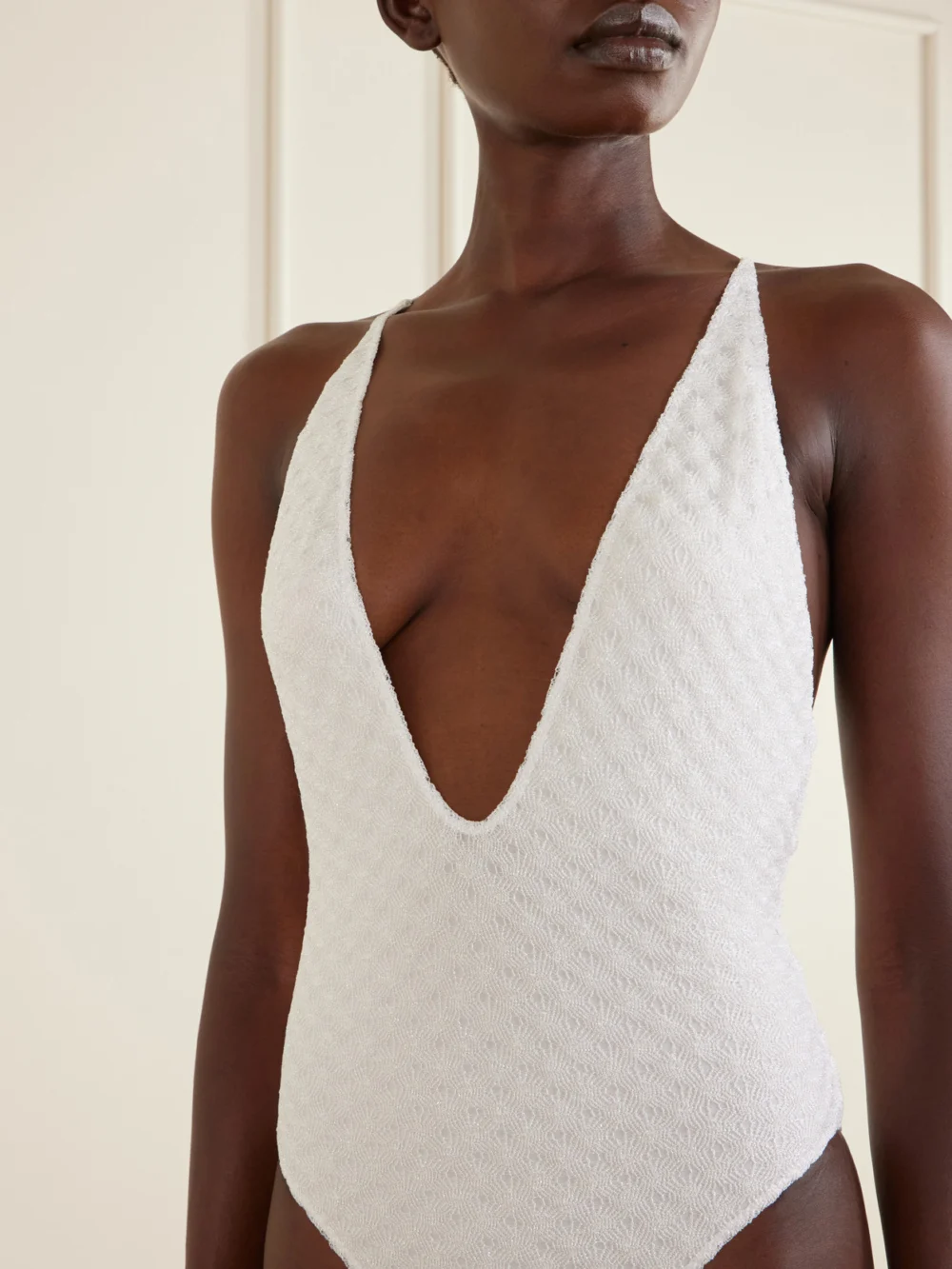 Close-up detail of the Missoni Mare Striped Crochet-knit Swimsuit