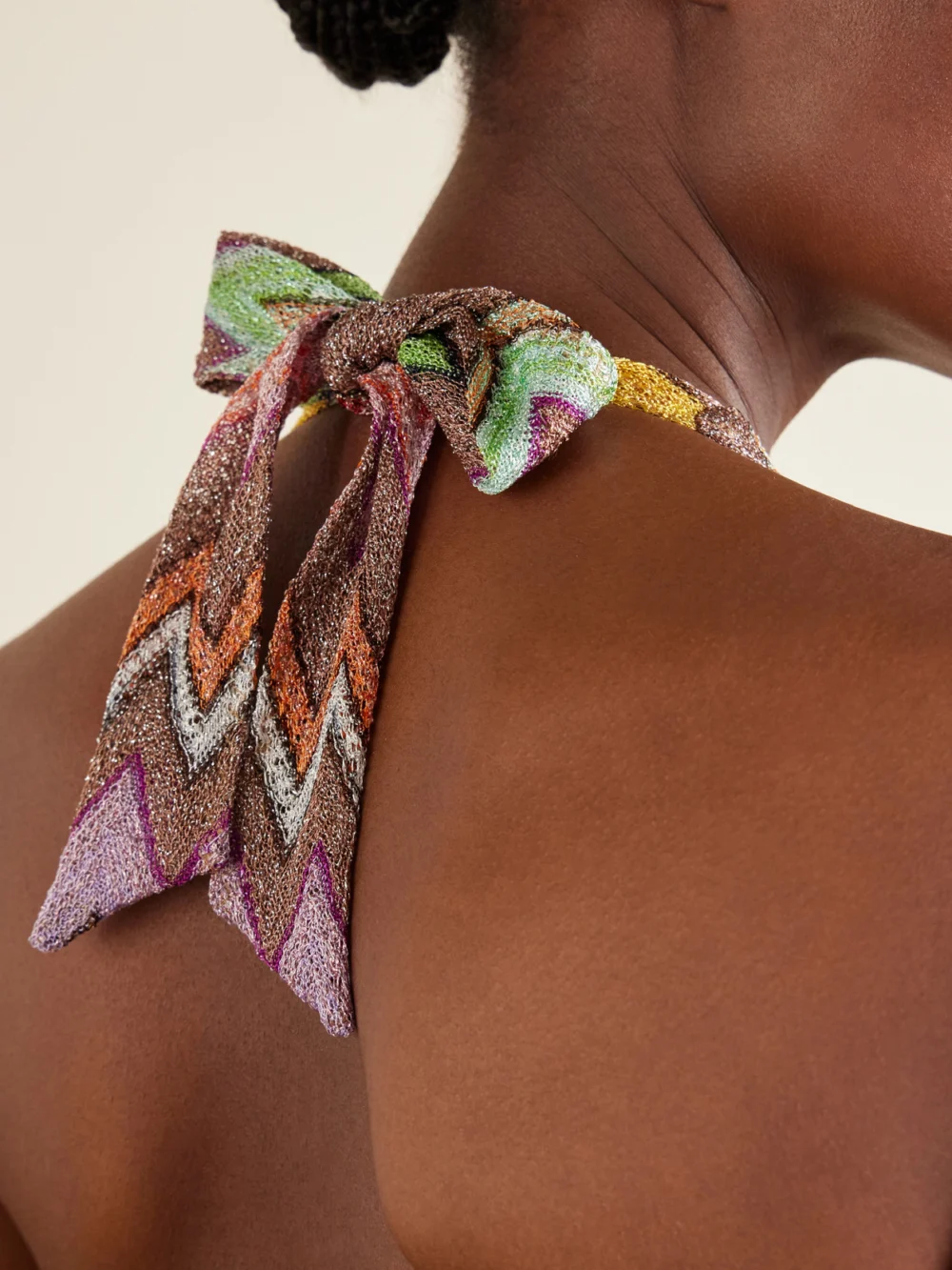 Close-up detail of the Missoni Mare Striped Metallic Crochet-knit Bikini