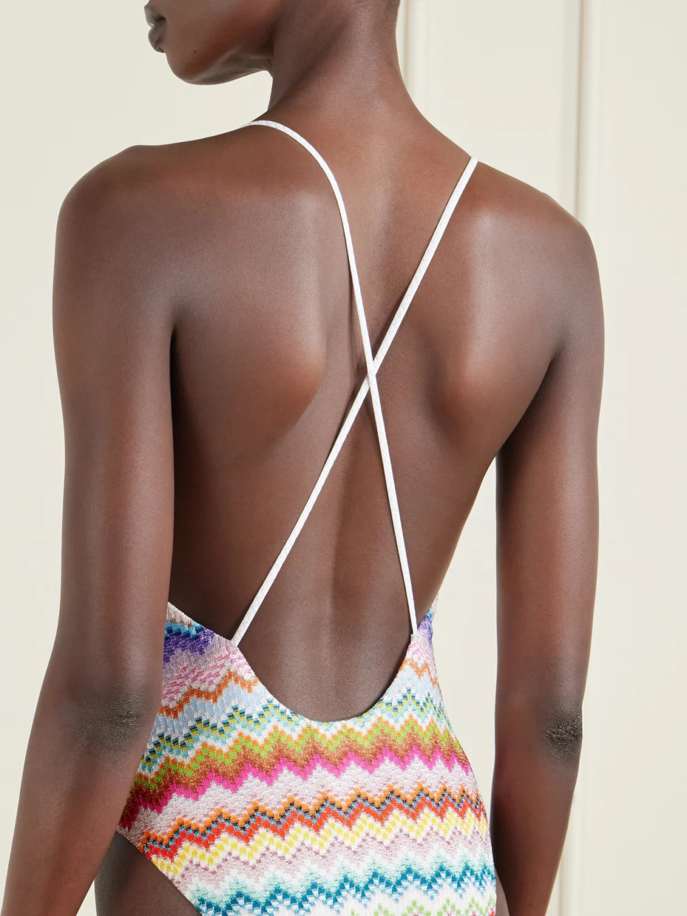 Close-up detail of the Missoni Mare Striped Metallic Crochet-knit Swimsuit