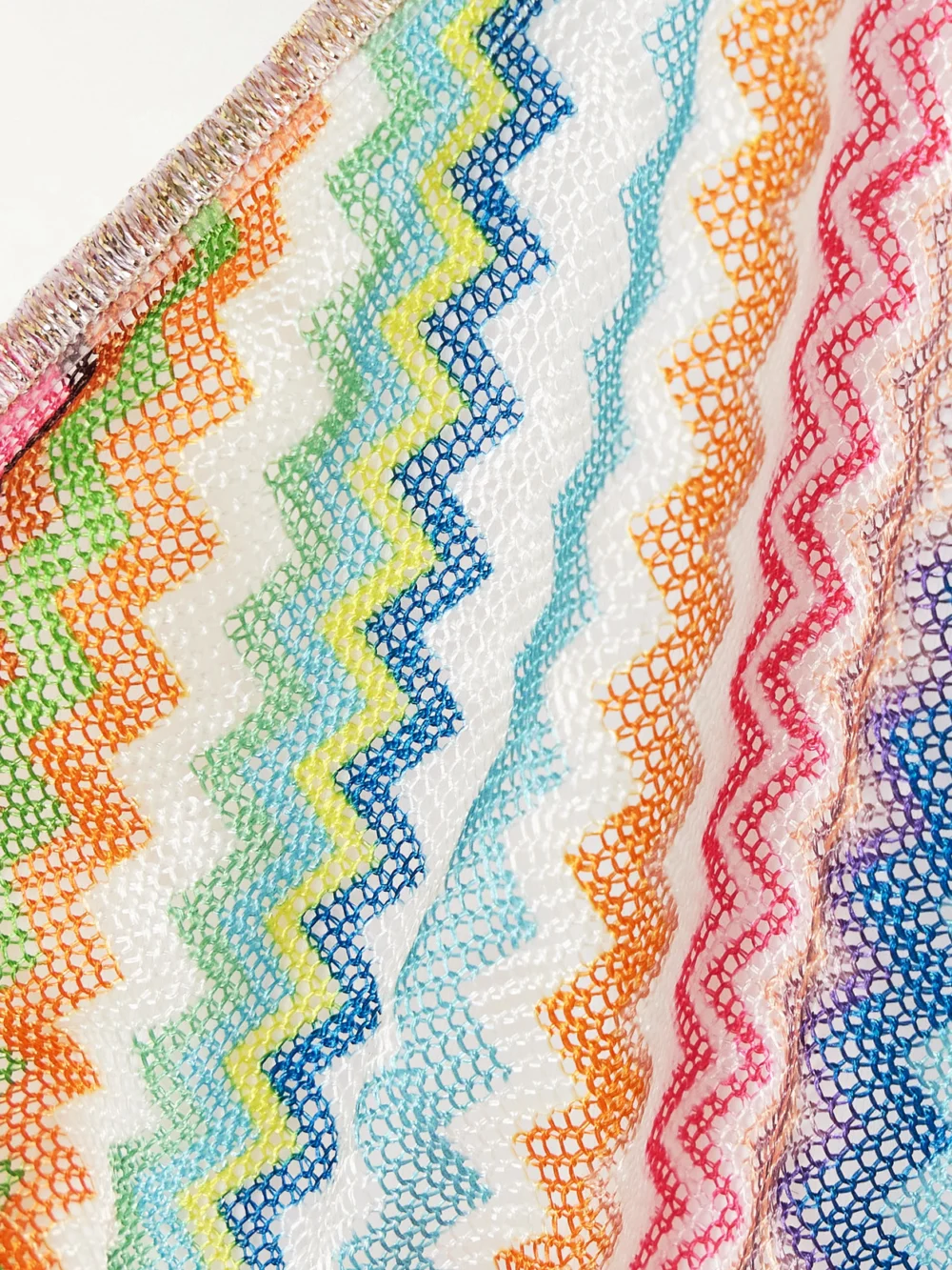 Close-up detail of the Missoni Mare Striped Metallic Crochet-knit Triangle Bikini