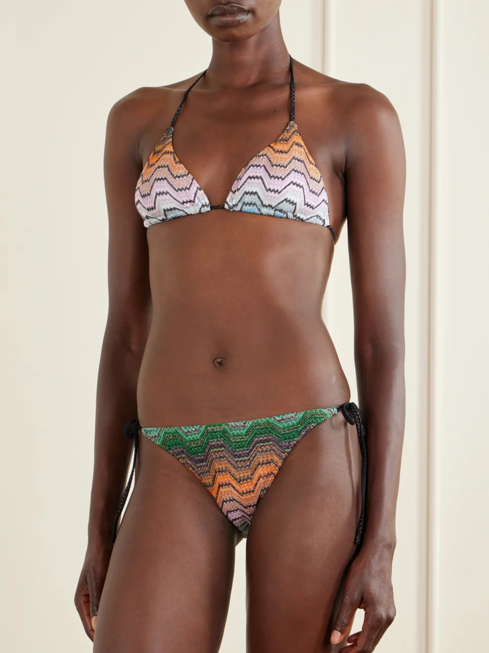 Missoni Mare Striped Metallic Crochet-knit Triangle Bikini, worn by a model