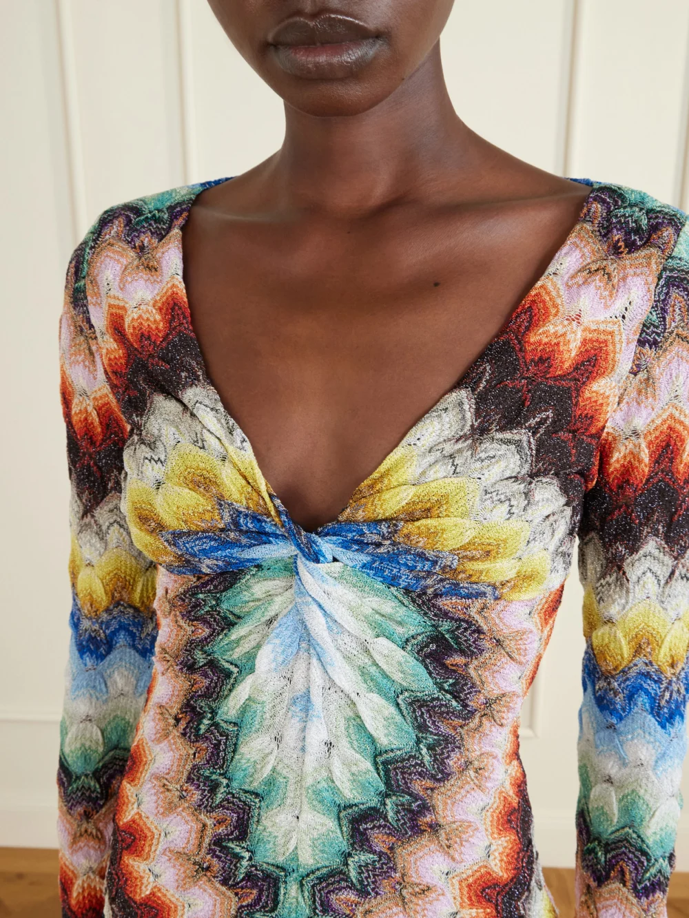 Close-up detail of the Missoni Metallic Crochet-knit Mini Dress