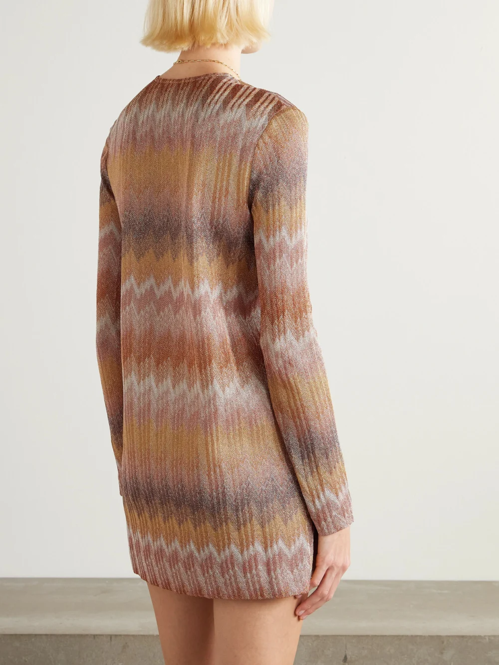 Back view of the Missoni Metallic Striped Crochet-knit Mini Dress