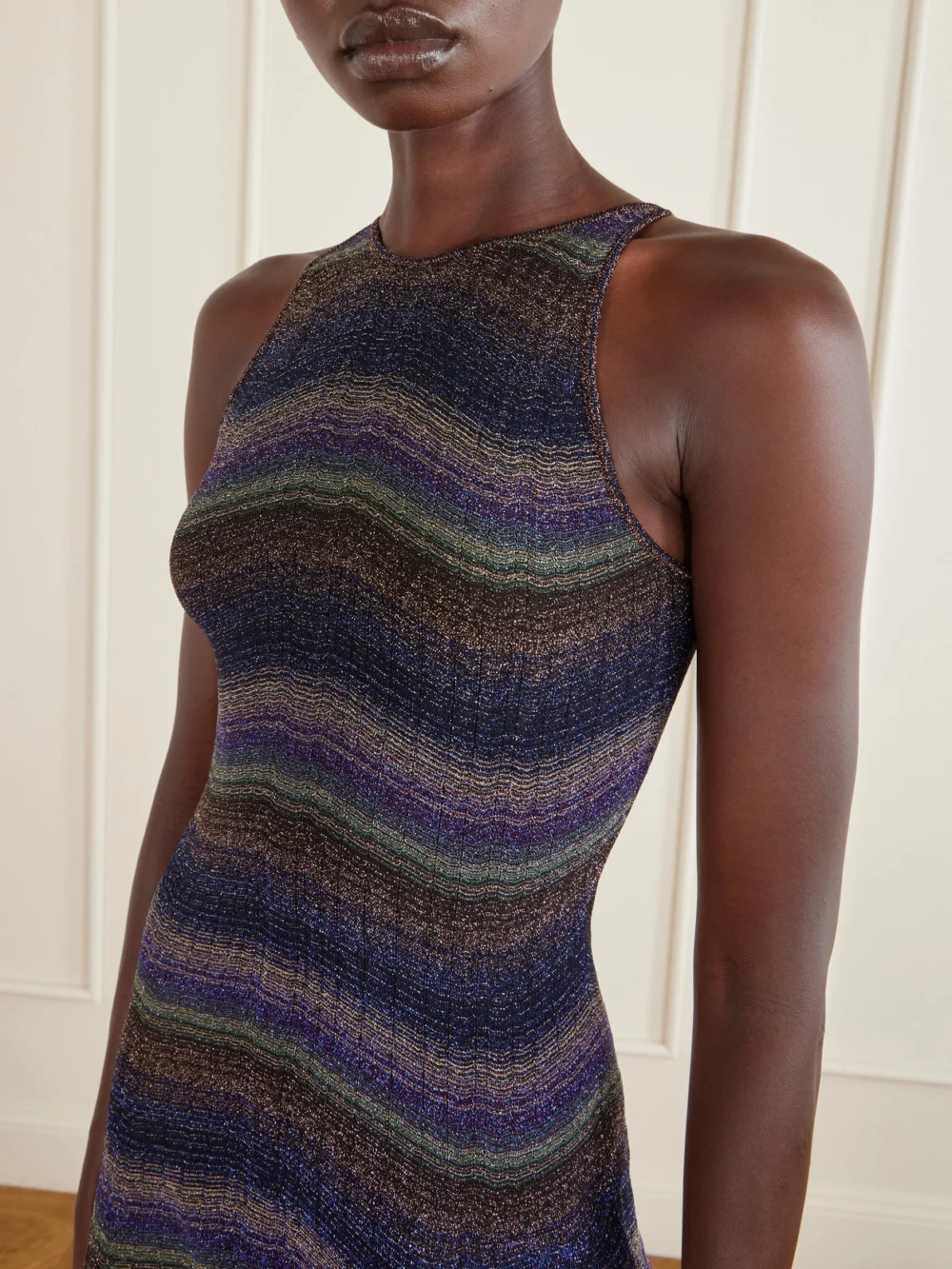 Close-up detail of the Missoni Metallic Striped Crochet-knit Mini Dress