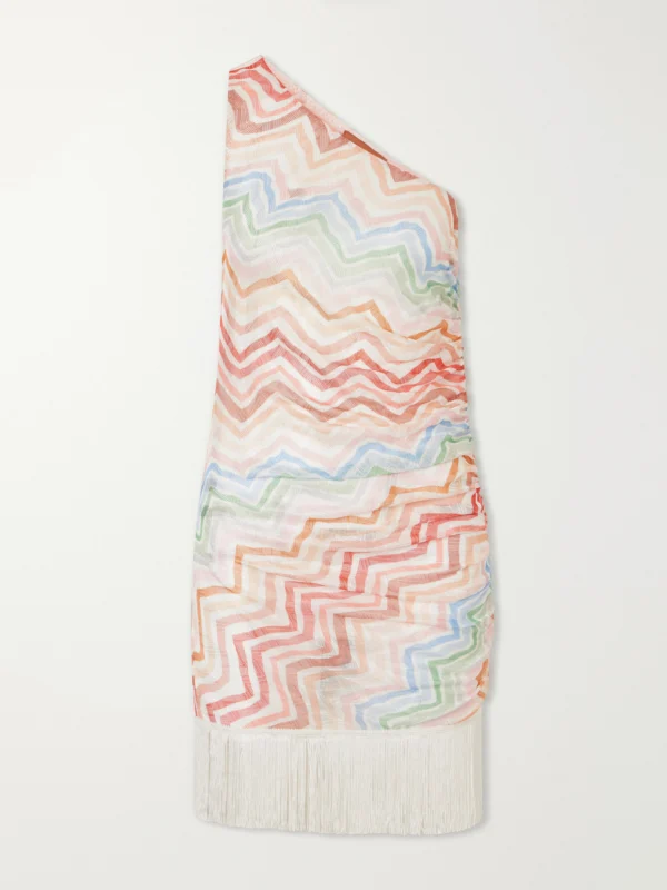 Missoni One-shoulder Fringed Striped Crochet-knit Mini Dress