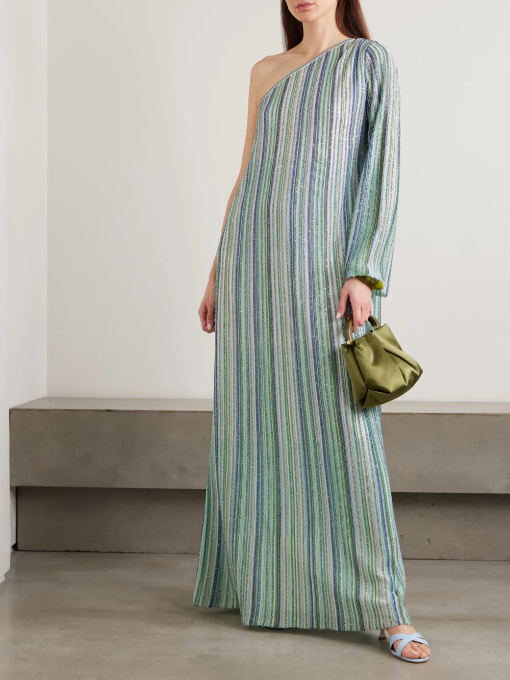 Missoni One-shoulder Sequin-trimmed Striped Crochet-knit Maxi Dress, worn by a model