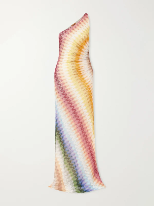 Missoni One-shoulder Striped Ruched Crochet-knit Maxi Dress