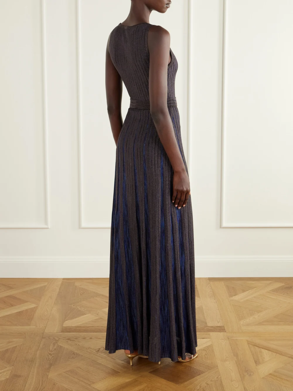 Back view of the Missoni Pleated Belted Metallic Crochet-knit Maxi Dress