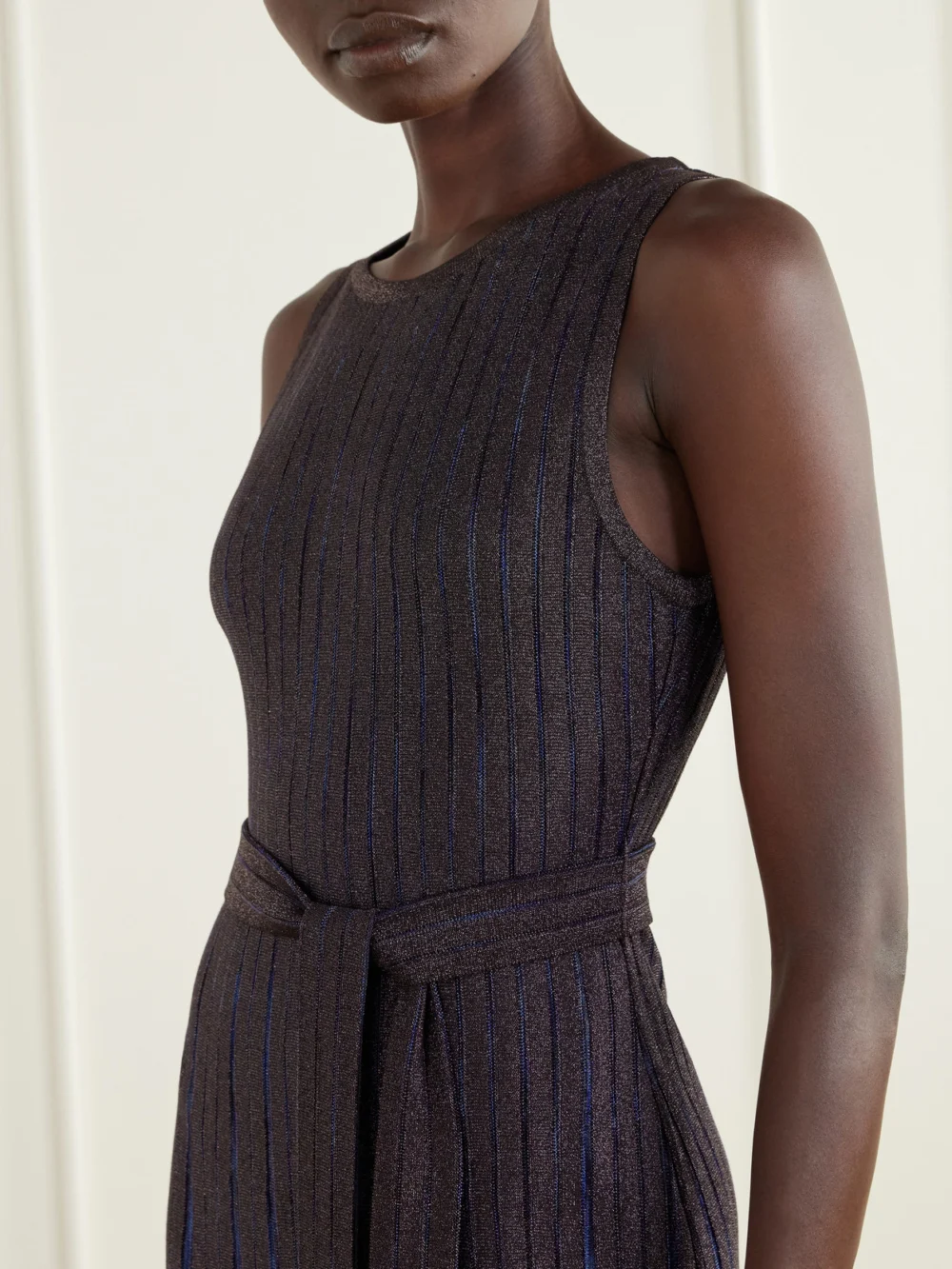 Close-up detail of the Missoni Pleated Belted Metallic Crochet-knit Maxi Dress