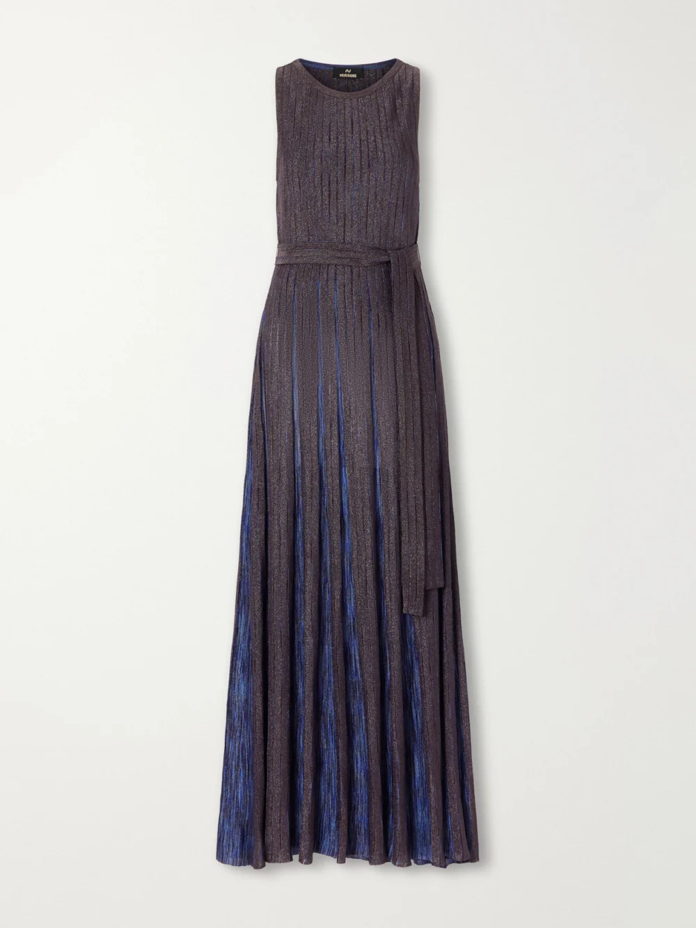 Missoni Pleated Belted Metallic Crochet-knit Maxi Dress in blue