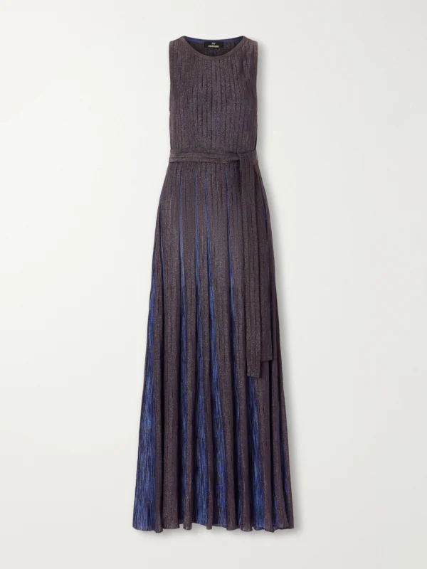 Missoni Pleated Belted Metallic Crochet-knit Maxi Dress