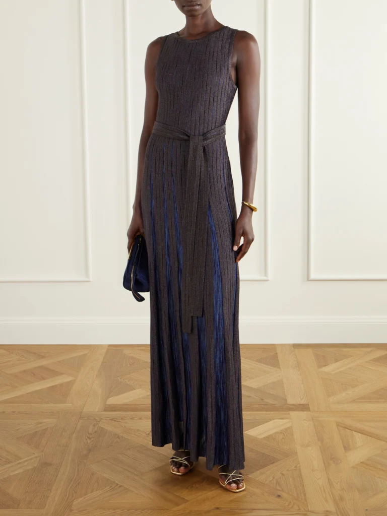 Missoni Pleated Belted Metallic Crochet-knit Maxi Dress