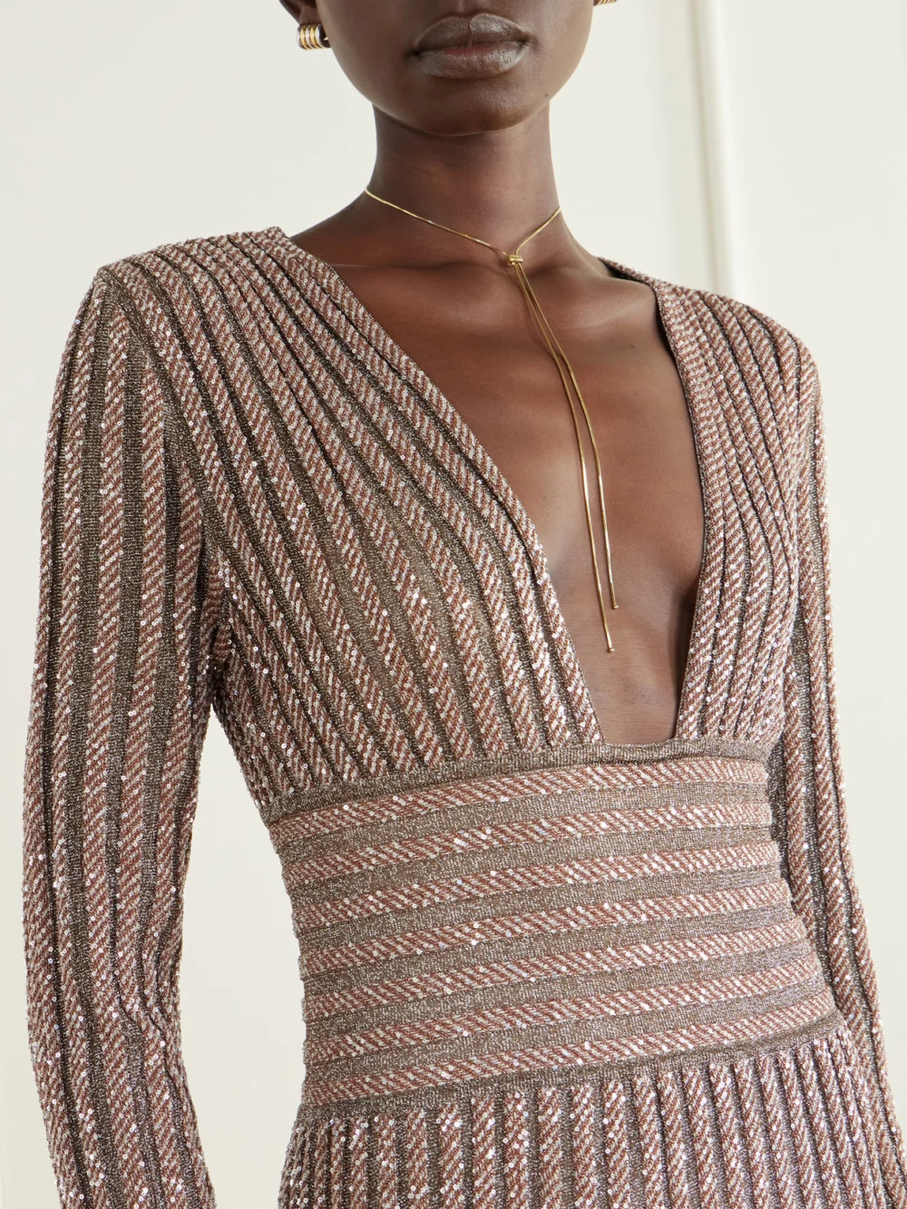 Close-up detail of the Missoni Ribbed Metallic Crochet-knit Maxi Dress