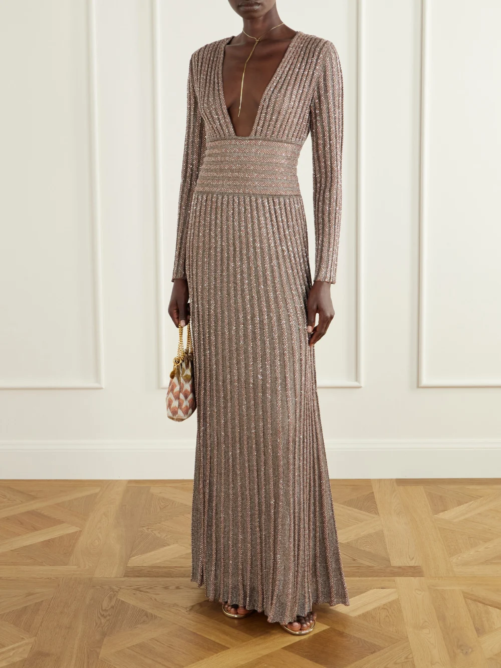 Missoni Ribbed Metallic Crochet-knit Maxi Dress, worn by a model
