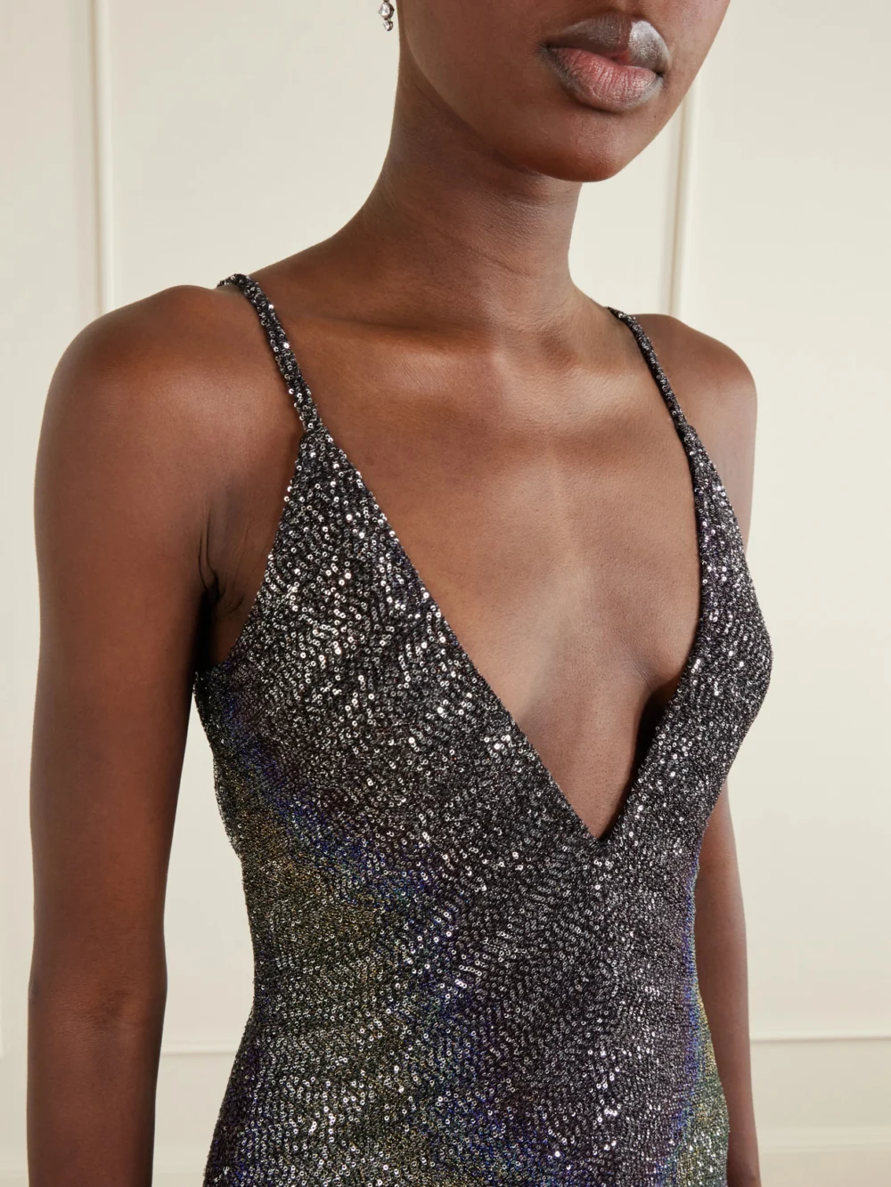 Close-up detail of the Missoni Sequin-embellished Metallic Crochet-knit Maxi Dress
