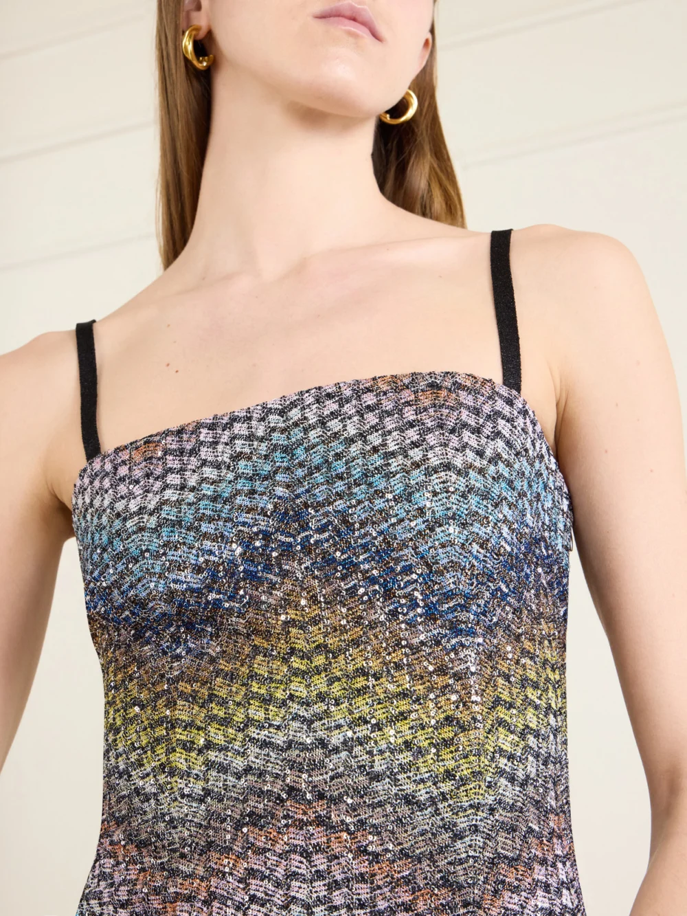Close-up detail of the Missoni Sequin-embellished Metallic Crochet-knit Mini Dress