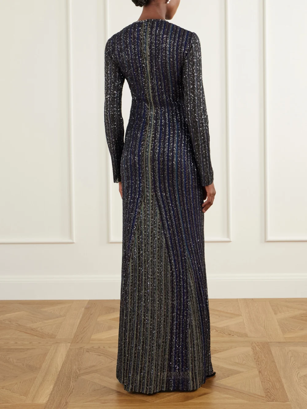 Back view of the Missoni Sequin-embellished Ribbed-knit Maxi Dress