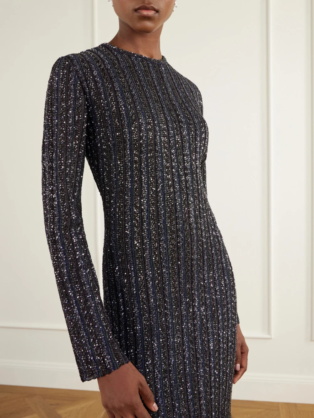 Close-up detail of the Missoni Sequin-embellished Ribbed-knit Maxi Dress
