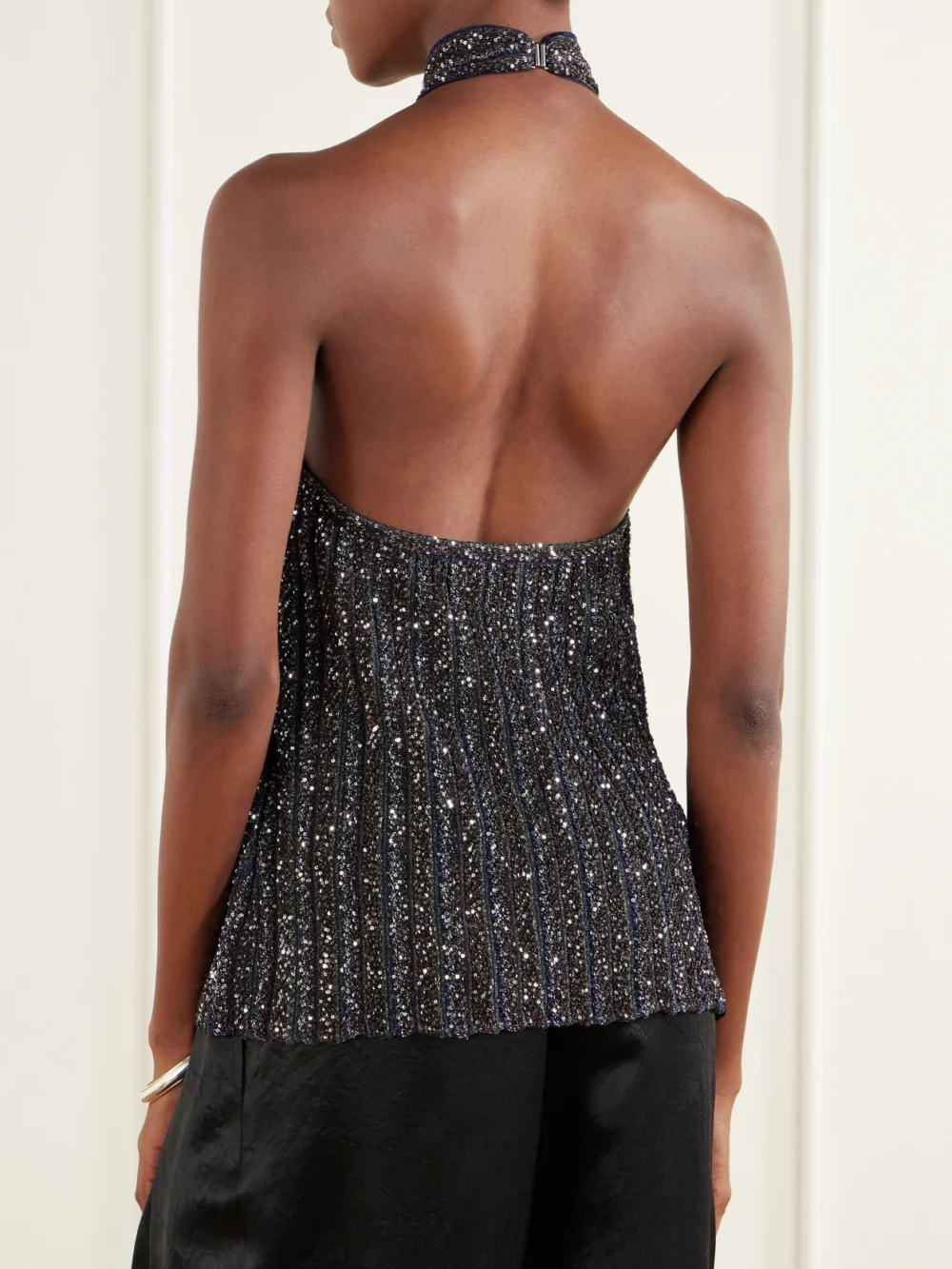Back view of the Missoni Sequin-embellished Striped Metallic Crochet-knit Halterneck Top