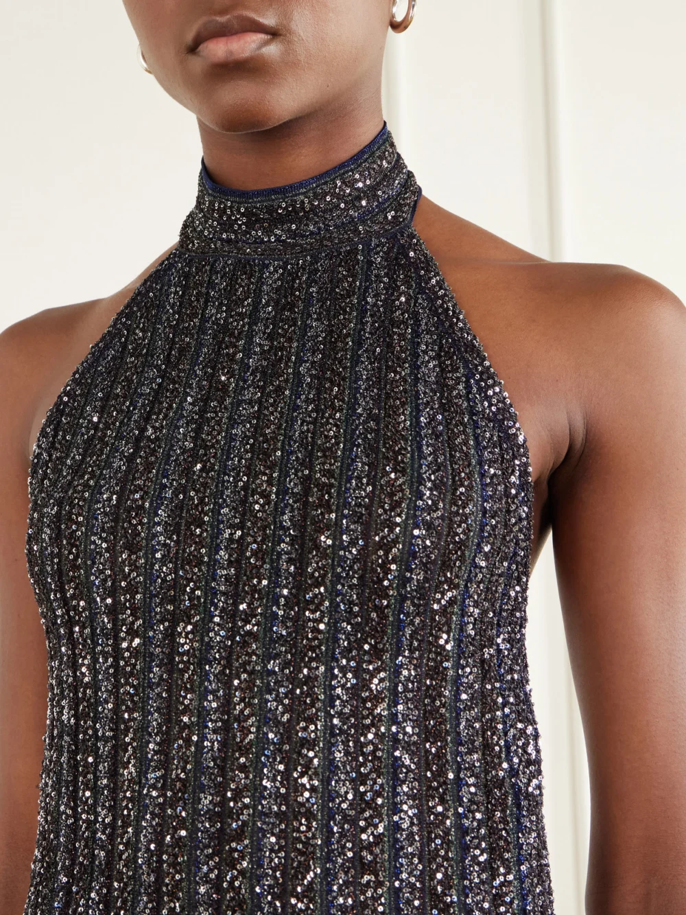 Close-up detail of the Missoni Sequin-embellished Striped Metallic Crochet-knit Halterneck Top